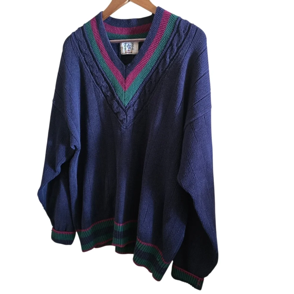 VTG Sears Roebuck & Co. Navy Cricket Sweater V-Neck Cable Knit Oversized